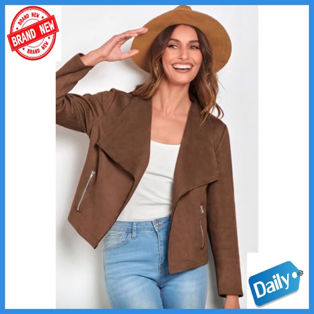 Faux Suede Cropped Jacket, Long Sleeve Open Front, Fall Winter Coat - Picture 5 of 7